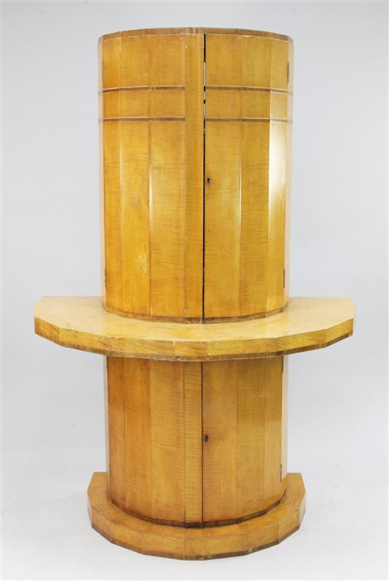 An Art Deco maple and walnut demi-lune drinks cabinet, H.5ft 6in.